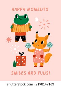 Birthday poster with cute animals. Forest musicians with different musical instruments. Zoo jazz band. Orchestra performers play music. Happy frog and fox. Vector holiday