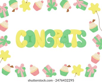 Birthday poster or greeting card with colored frame in candy pastel colors with birthday items and handwritten text Congrats. Vector holiday hand drawn composition isolated on white background