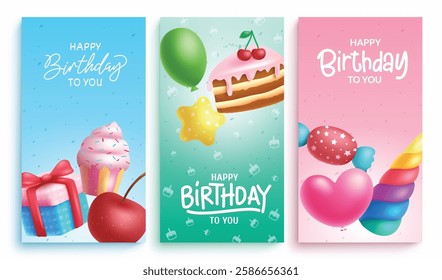 Birthday poster set vector design. Happy birthday greeting text banner collection for kids bday party invitation card. Vector Illustration. 
