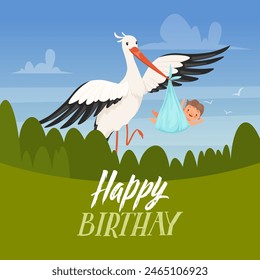Birthday poster stork with new baby born vector cartoon background