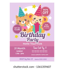 birthday poster template cute monkey and cat vector template