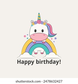 Birthday poster template with unicorn and rainbow. Vector illustration