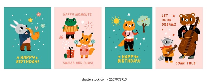 Birthday posters with cute animals. Holiday greeting card. Forest musicians with different instruments. Zoo jazz band. Happy orchestra performers play music. Vector