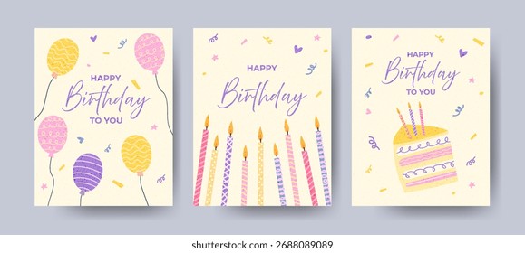 Birthday posters set with cake, candles, balloons and festive typography. Bright designs for invitations, posters, greeting cards, and holiday decorations