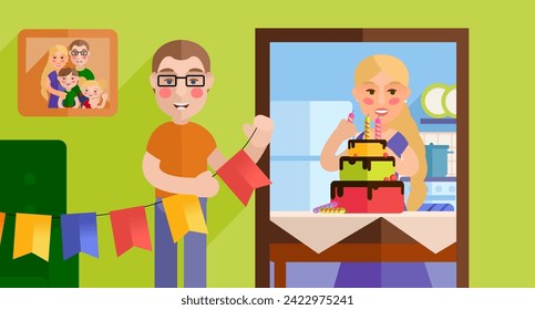 Birthday. Preparing for the celebration. Parents decorate the house