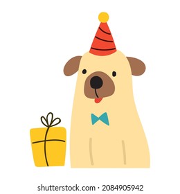 Birthday and present box. Happy dog wearing party hat. Vector illustration. 