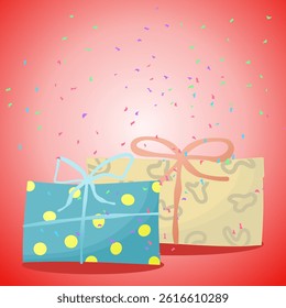 birthday present. Colorful vector set with Gift boxes. Holiday present with Bow on red background.