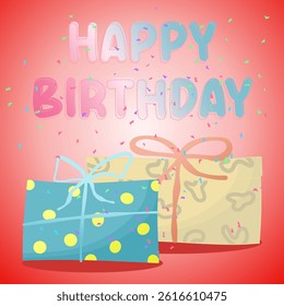 birthday present. Colorful vector set with Gift boxes on red background. Holiday present with Bow.