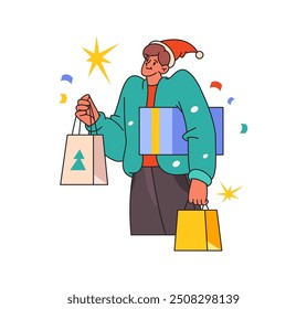 Birthday present, holiday greetings and man in Santa Clause hat. Man with Christmas gift boxes. New Year special offers and discounts. Person with packages marketing banner, cartoon flat vector