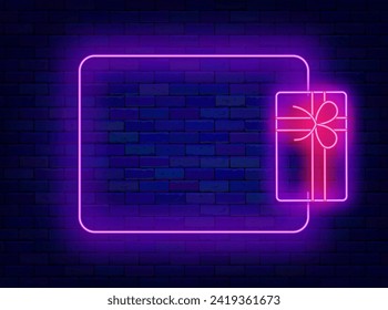 Birthday present neon greeting card. Gift box and empty purple frame. Casino and surprise. Shiny banner. Copy space. Bright flyer. Glowing advertising. Editable stroke. Vector stock illustration