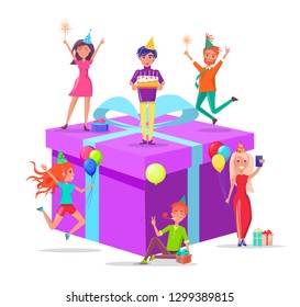 Birthday present prepared by people vector, man standing with creamy cake and candles. Woman taking selfie with inflatable balloons, lady with sparkler