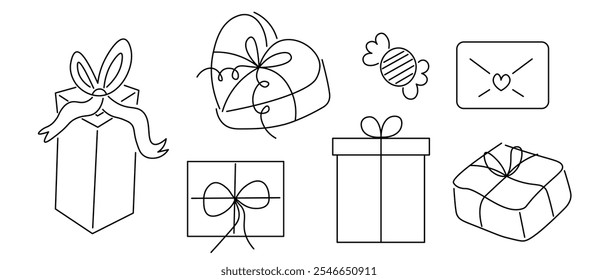 Birthday presents, Christmas gift boxes vector stickers collection, gift with ribbon bow, party New Year celebration holiday elements illustration set in line doodle style.