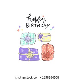 Birthday presents, hand-drawn illustration, cute gift boxes for the holiday. Concept B-day. Anniversary celebration. Vector for design t-shirts typography cards and posters.