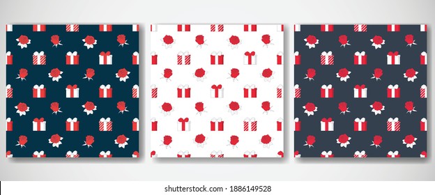 Birthday presents and roses seamless pattern set. White, red gift boxes with ribbon and bow and flowers on a deep blue, dark grey and white background. Holiday's vector, gift wrapper print.