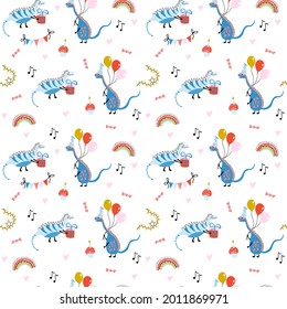 Birthday print. Cute vector seamless pattern with dinosaurs, gifts, balloons, cupcakes, rainbows on white background. Colorful hand drawn illustration for kids birthday party and baby shower.
