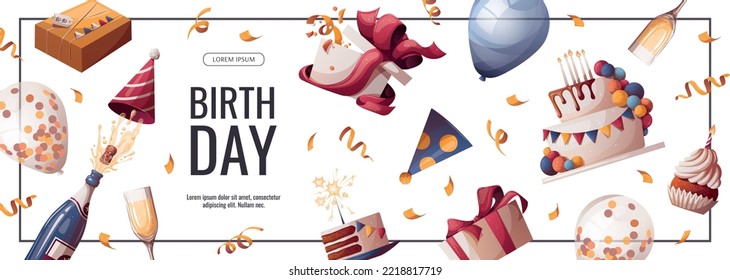 Birthday promo banner with cake, champagne, cupcake, gifts, caps, confetti. Birthday party, celebration, holiday, event, festive concept. Vector illustration. Banner, flyer, advertising.