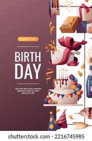 Birthday promo flyer design with cake, champagne, cupcake, gifts, caps, confetti. Birthday party, celebration, holiday, event, festive concept. Vector illustration. Banner, flyer, advertising.