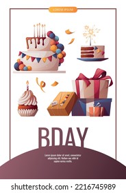 Birthday promo flyer design with cake, cupcake, gifts, confetti. Birthday party, celebration, holiday, event, festive concept. Vector illustration. Banner, flyer, advertising.