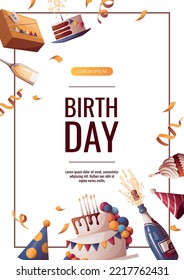 Diseño de volante de promoción de cumpleaños con pasteles, champán, quequitos, regalos, gorras, confeti. Fiesta de cumpleaños, celebración, vacaciones, evento, concepto festivo. Ilustración vectorial. Cartel, volante, publicidad.