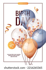 Volante de venta de promociones de cumpleaños con globos. Regalo de cumpleaños, fiesta, celebración, vacaciones, evento, fiesta, concepto de felicitaciones. Ilustración vectorial. Cartel, volante, publicidad.