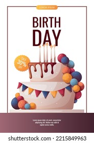 Birthday promo sale flyer with cake and candles. Birthday party, celebration, holiday, event, festive, bakery, tasty food concept. Vector illustration. Banner, flyer, advertising.