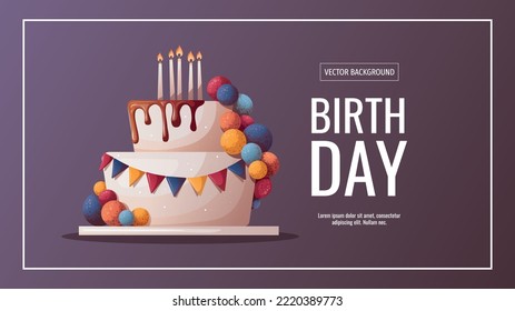 Birthday promo sale flyer with cake and candles. Birthday party, celebration, holiday, event, festive, bakery, tasty food concept. Vector illustration. Banner, flyer, advertising.