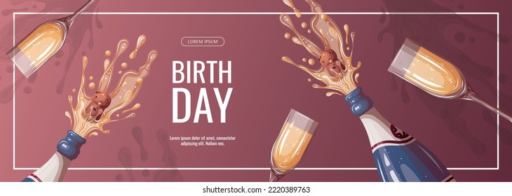 Birthday promo sale flyer with champagne and glasses. Birthday party, celebration, holiday, event, festive, congratulations concept. Vector illustration. Banner, flyer, advertising.