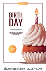 Birthday promo sale flyer with cupcake. Birthday party, celebration, holiday, event, festive, bakery, tasty food concept. Vector illustration. Banner, flyer, advertising.