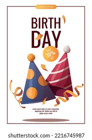 Birthday promo sale flyer design with caps and serpentine. Birthday party, celebration, holiday, event, festive, congratulations concept. Vector illustration. Flyer, banner, advertising.