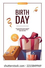 Birthday promo sale flyer with gift boxes. Birthday gift, party, celebration, holiday, event, festive, congratulations concept. Vector illustration. Banner, flyer, advertising.