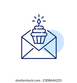 Birthday promotion e-mail. Cupcake with burning candle in letter. Pixel perfect, editable stroke icon