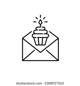 Birthday promotion e-mail. Cupcake with burning candle in letter. Pixel perfect, editable stroke icon