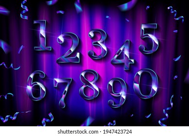 Birthday purple numbers, on the background of a red curtain. Gold ribbons and confetti. Vector design elements