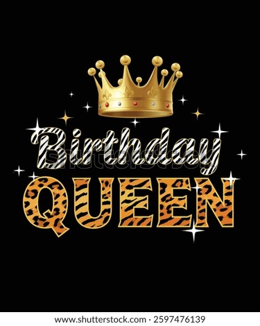 Birthday Queen - Gold Crown and Leopard Print Typography T-shirt Design.