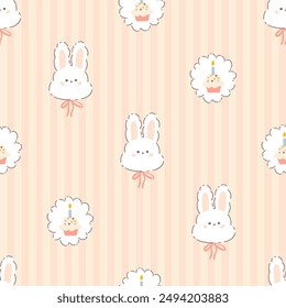 Birthday rabbit bunny with cupcake seamless pattern on vertically striped background. Vector cute cartoon hand drawn illustration. for textile printing, baby clothes, wallpaper, packaging, scrubbing