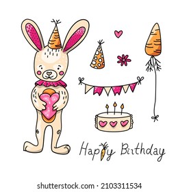 Birthday rabbit with heart and cake