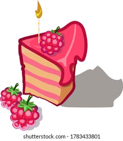 Birthday raspberry cake cut slice.Vector illustration