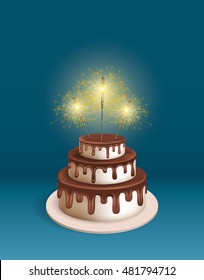 Birthday realistic 3d vector cake with sparkler. Illustration for poster or birthday postcard. Melting chocolate icing. Tiered cake