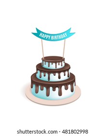 Birthday realistic 3d vector cake. Illustration for poster or birthday postcard. Melting chocolate icing. Tiered cake.