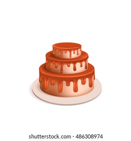 Birthday realistic 3d vector cake. Illustration for poster or birthday postcard. Melting chocolate icing. Tiered cake.