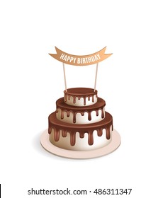 Birthday realistic 3d vector cake. Illustration for poster or birthday postcard. Melting chocolate icing. Tiered cake.