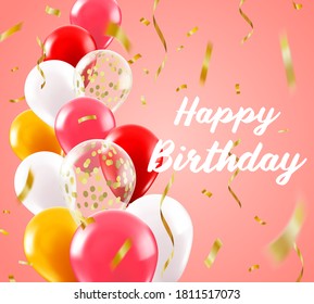 Birthday realistic balloons background. Balloon greeting poster, 3d celebration balloons card with golden confetti vector background illustration. Flying helium air objects for party celebration