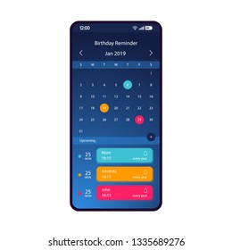 Birthday reminder smartphone interface vector template. Mobile app page blue gradient design layout. Birthday calendar, organizer screen. Flat UI for application. Holiday notifier. Phone display