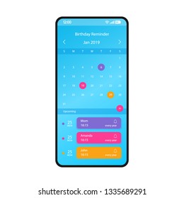 Birthday reminder smartphone interface vector template. Mobile app page blue design layout. Birthday calendar, organizer screen. Flat UI for application. Holiday alarm, notification. Phone display