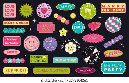 Birthday retro trendy stickers collection.