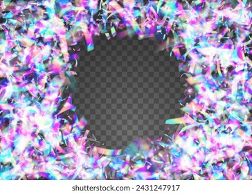 Birthday Ribbon. Explosion Effect. Foil Sparkle. Falling Design. Surprise Tinsel. Blue Glare Glitter. Laser Iridescent Illustration. 3d Burst. Purple Birthday Ribbon