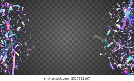 Birthday Ribbon. Purple Light Background. Falling Design. Celebrate Confetti. Disco Effect. Retro Concept. Digital Poster. Art Iridescent Serpentine. Pink Birthday Ribbon