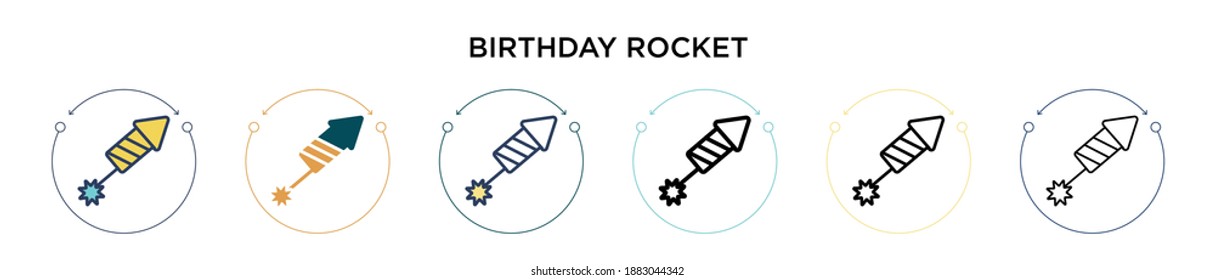Birthday rocket icon in filled, thin line, outline and stroke style. Vector illustration of two colored and black birthday rocket vector icons designs can be used for mobile, ui, web