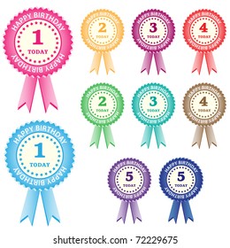 Birthday rosettes for children from 1 year to 5 years in assorted boy and girl colors. Isolated on white. Raster also available.