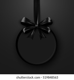 Birthday round design template. Invitation banner with black bow ribbon. Holiday promotion poster. Vector black illustration gift concept eps10